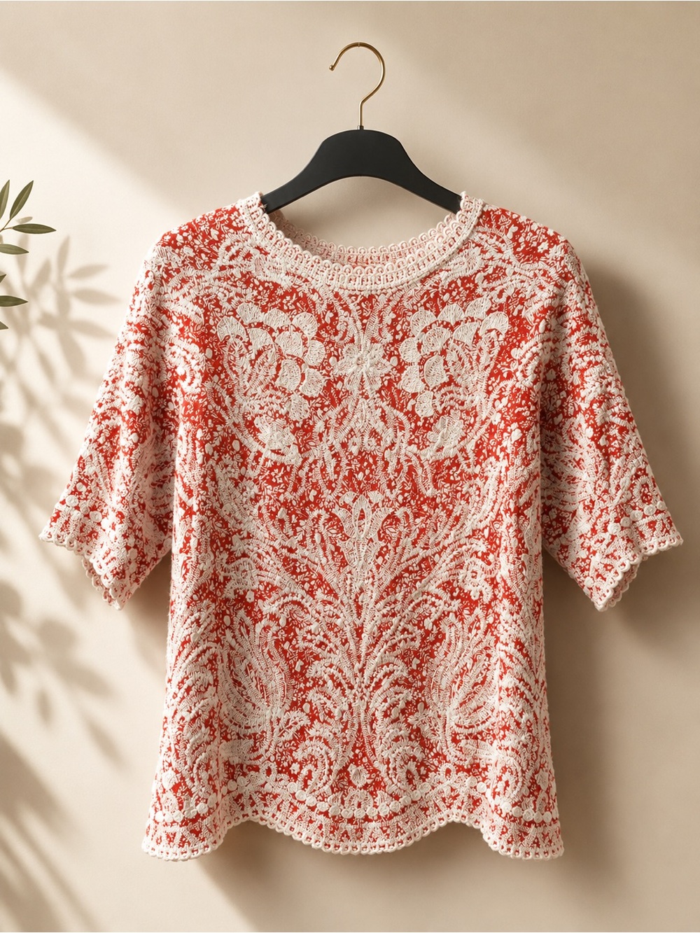 Women’s Red Floral Crochet Short Sleeve Top
